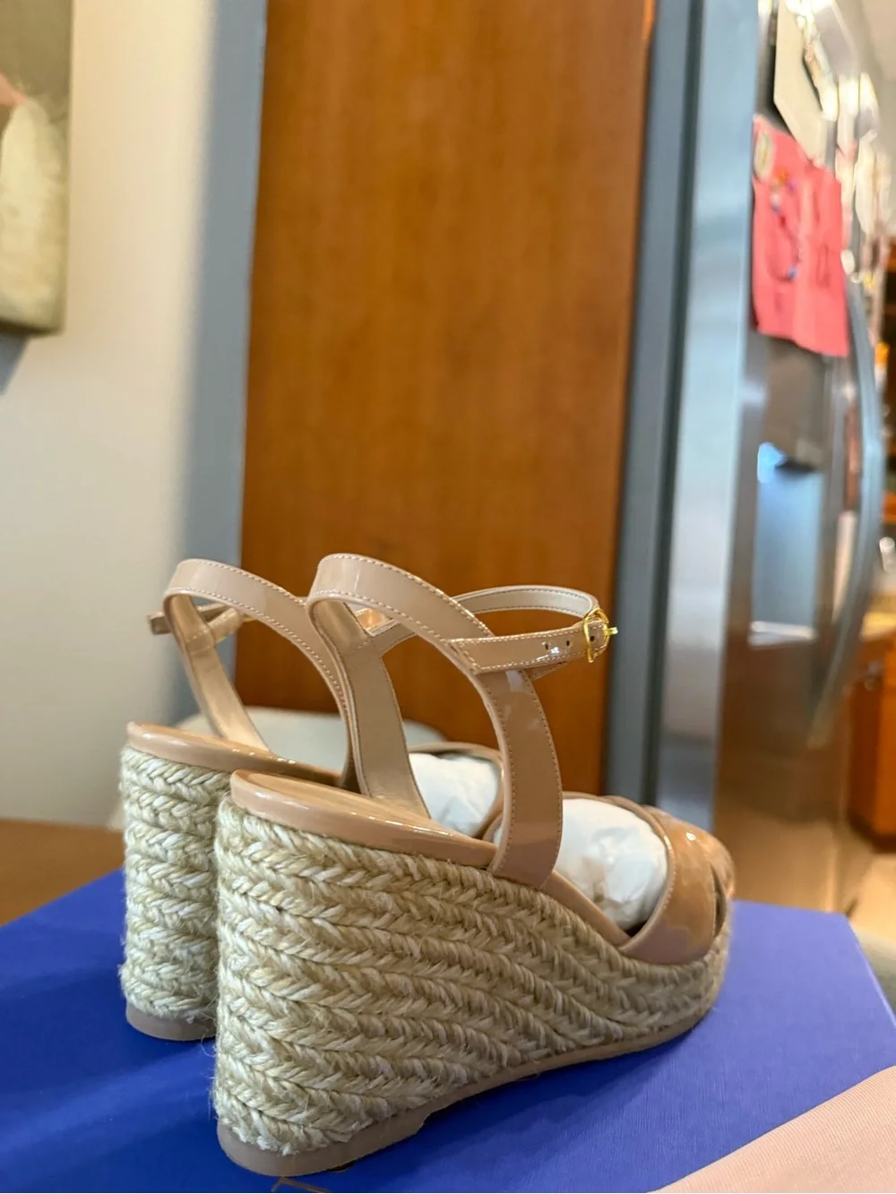 Stuart Weitzman Beige Patent Espadrille Wedge Sandals - Picture 3 of 3